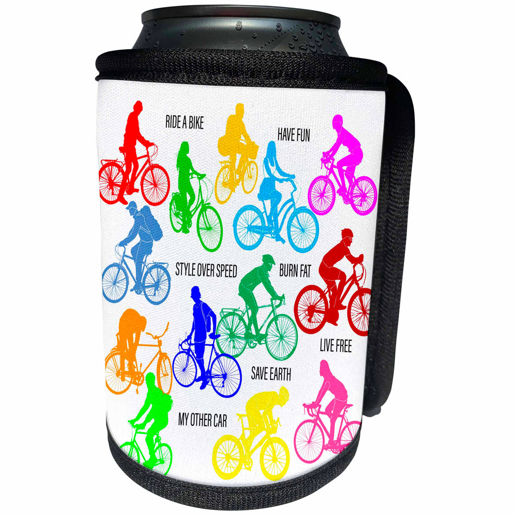 3dRose Alexis Design - Sport Bicycle - Colorful bicycle riders and motivational biking slogans on white - Can Cooler Bottle Wrap (cc_281052)