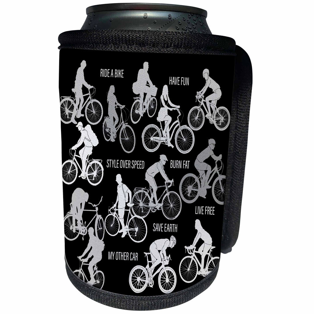 3dRose Alexis Design - Sport Bicycle - Grey color bicycle riders and motivational biking slogans on black - Can Cooler Bottle Wrap (cc_281053)