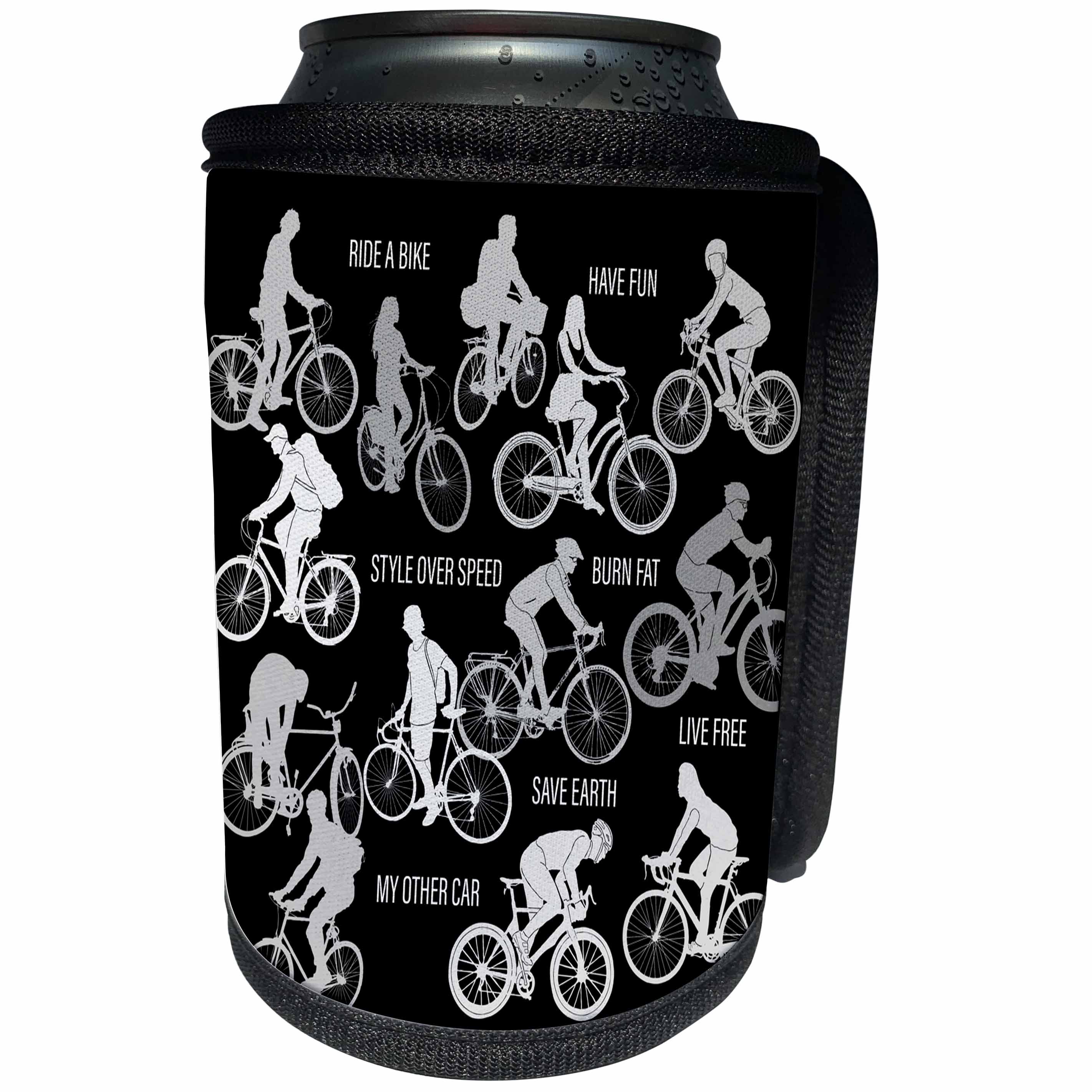 3dRose Alexis Design - Sport Bicycle - Grey color bicycle riders and motivational biking slogans on black - Can Cooler Bottle Wrap (cc_281053)