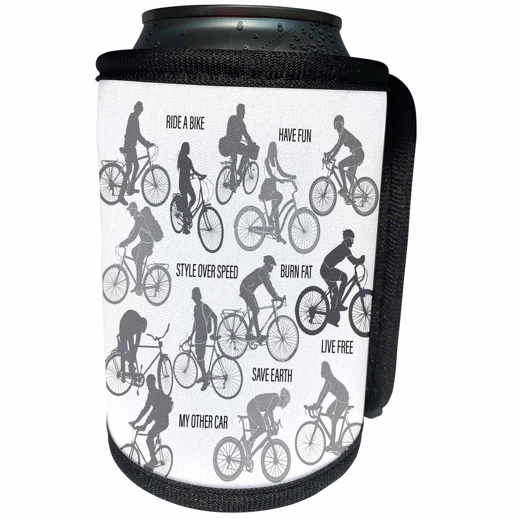 3dRose Alexis Design - Sport Bicycle - Grey color bicycle riders and motivational biking slogans on white - Can Cooler Bottle Wrap (cc_281054)