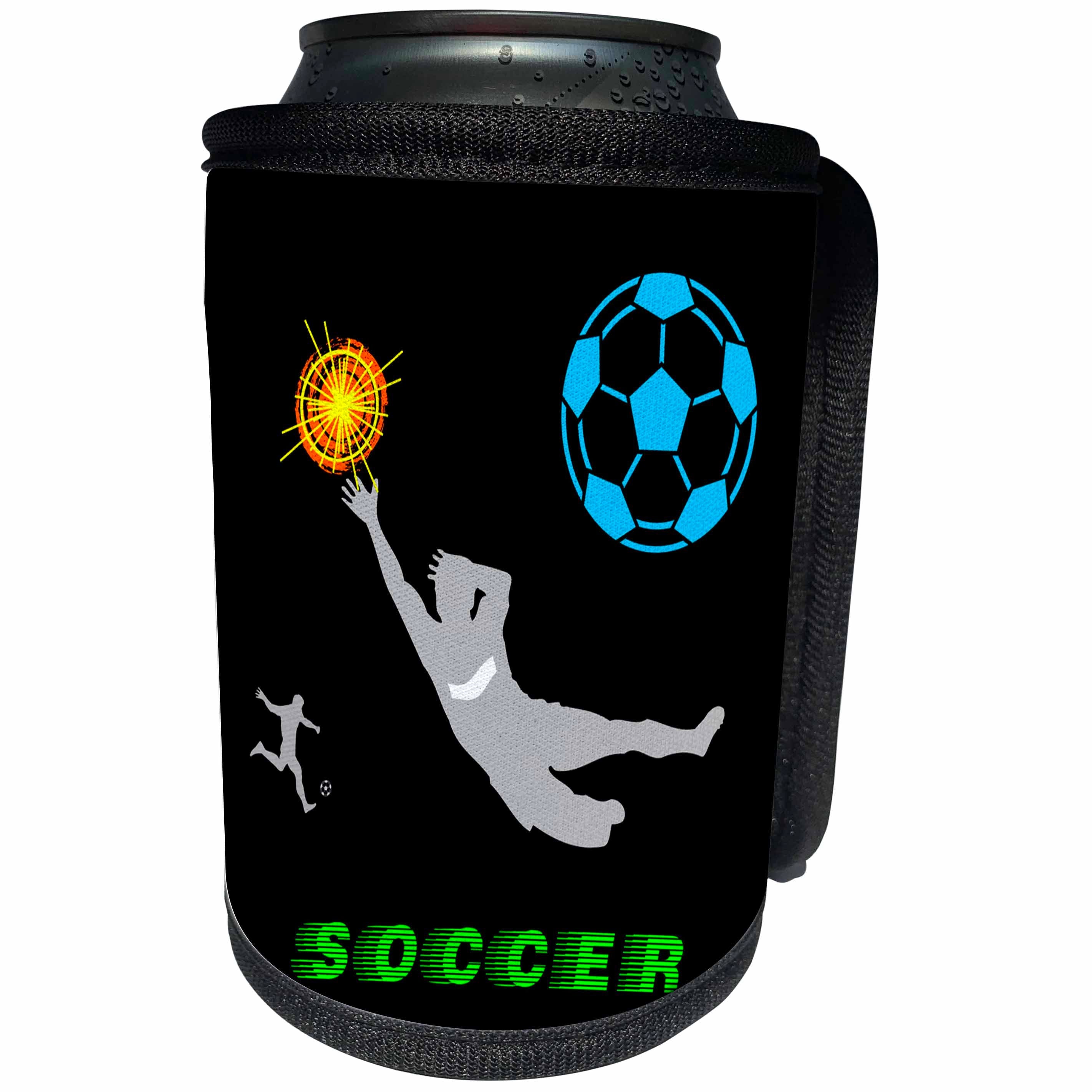 3dRose Alexis Design - Sport Soccer - Football, soccer. Goalkeeper, sun, green text SOCCER Color on black - Can Cooler Bottle Wrap (cc_281061)