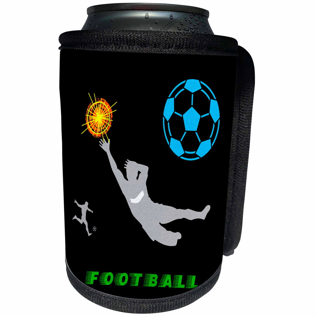 3dRose Alexis Design - Sport Soccer - Football, soccer. Goalkeeper, sun, green text Football Color on black - Can Cooler Bottle Wrap (cc_281063)