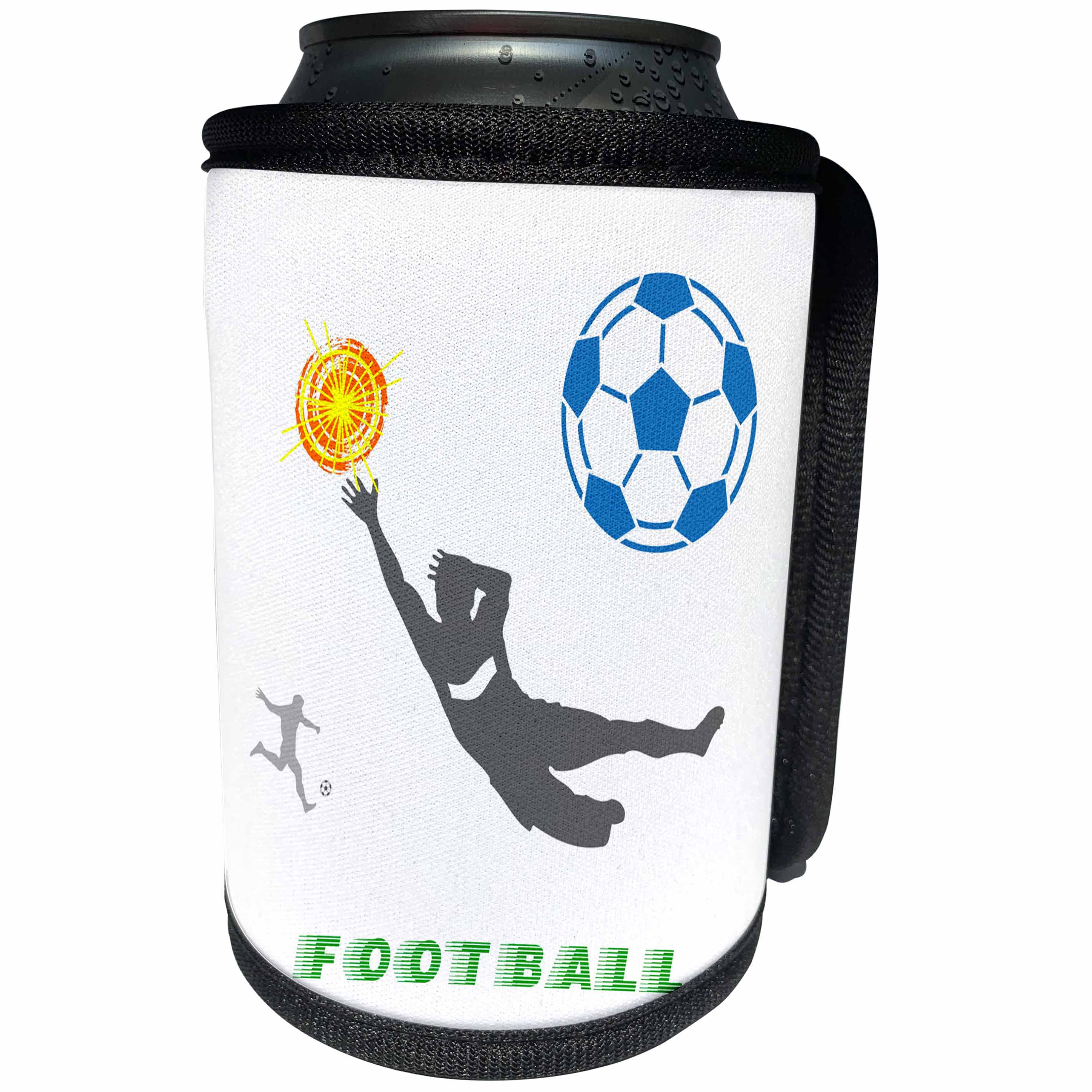 3dRose Alexis Design - Sport Soccer - Football, soccer. Goalkeeper, sun, green text Football Color on white - Can Cooler Bottle Wrap (cc_281064)