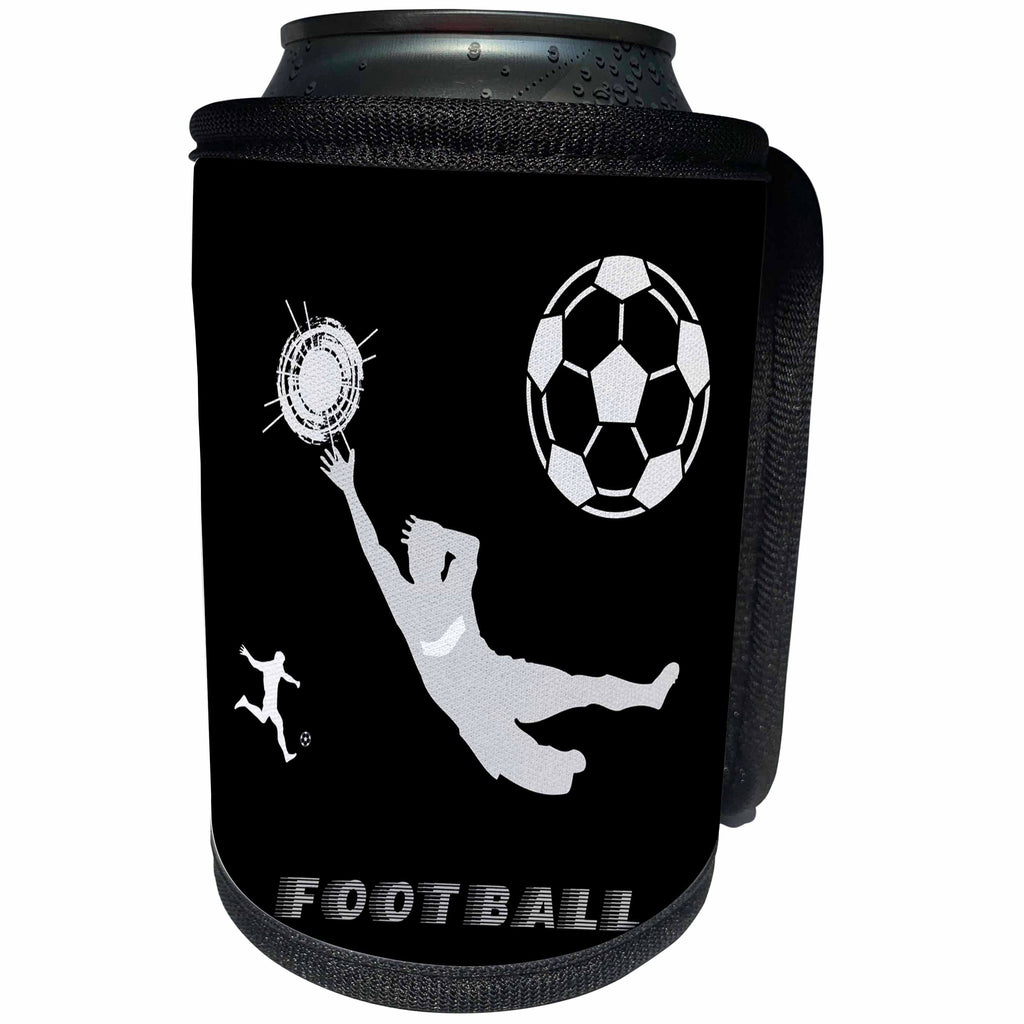 3dRose Alexis Design - Sport Soccer - Football, soccer. Goalkeeper, sun, grey text Football. Grey on black - Can Cooler Bottle Wrap (cc_281065)