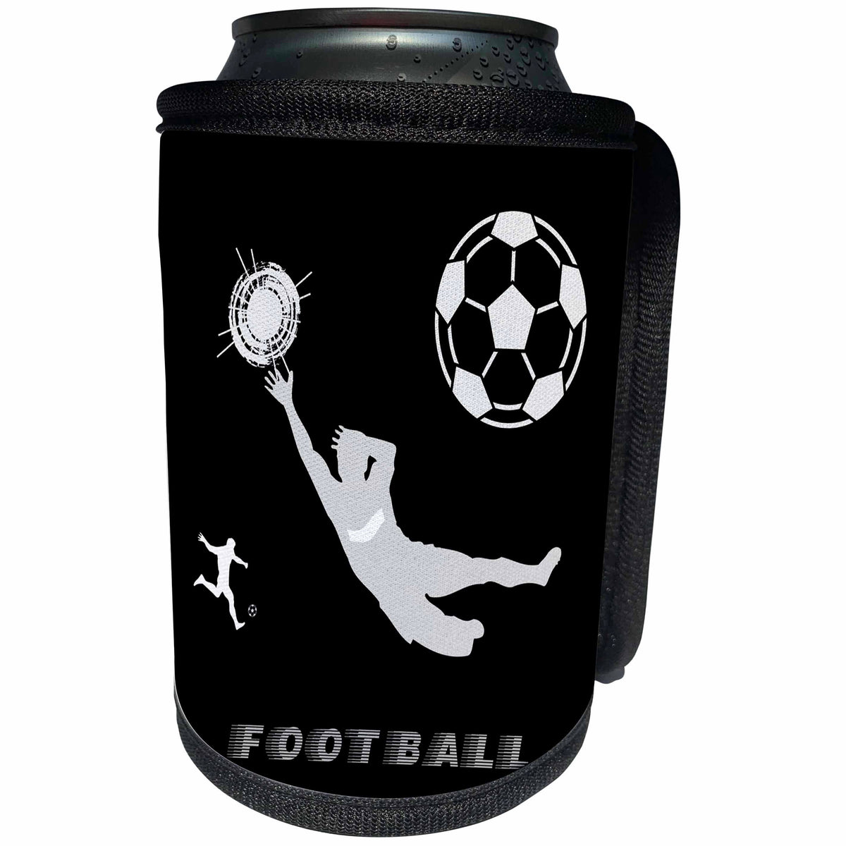 3dRose Alexis Design - Sport Soccer - Football, soccer. Goalkeeper, sun, grey text Football. Grey on black - Can Cooler Bottle Wrap (cc_281065)
