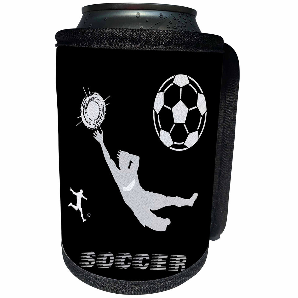 3dRose Alexis Design - Sport Soccer - Football, soccer. Goalkeeper, sun. Grey sign SOCCER. White on black - Can Cooler Bottle Wrap (cc_281069)