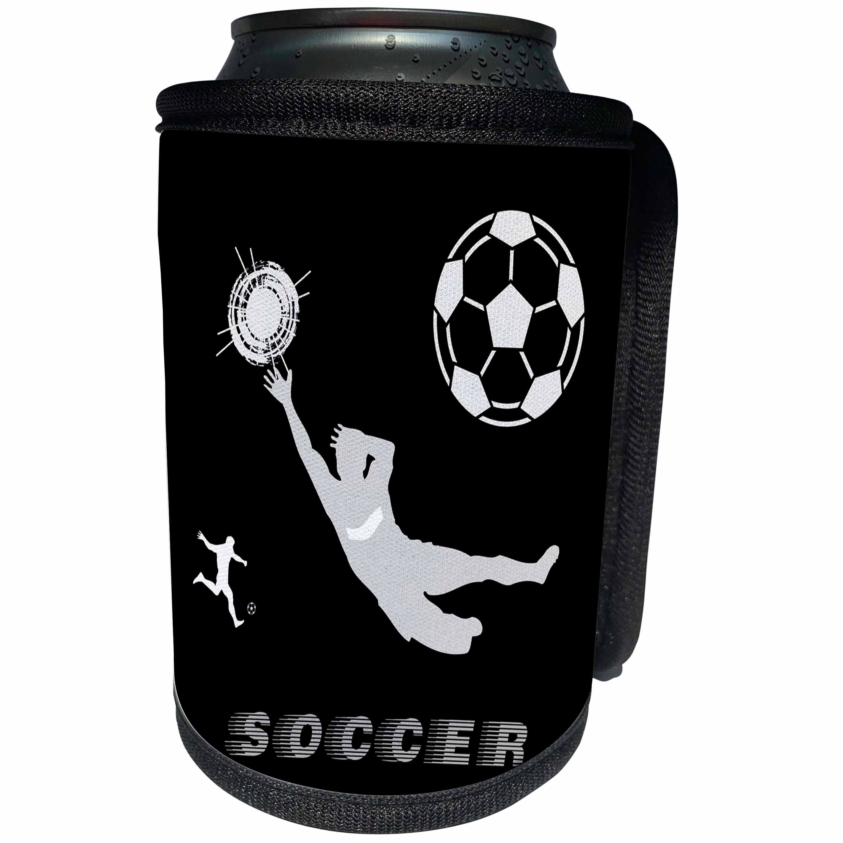 3dRose Alexis Design - Sport Soccer - Football, soccer. Goalkeeper, sun. Grey sign SOCCER. White on black - Can Cooler Bottle Wrap (cc_281069)