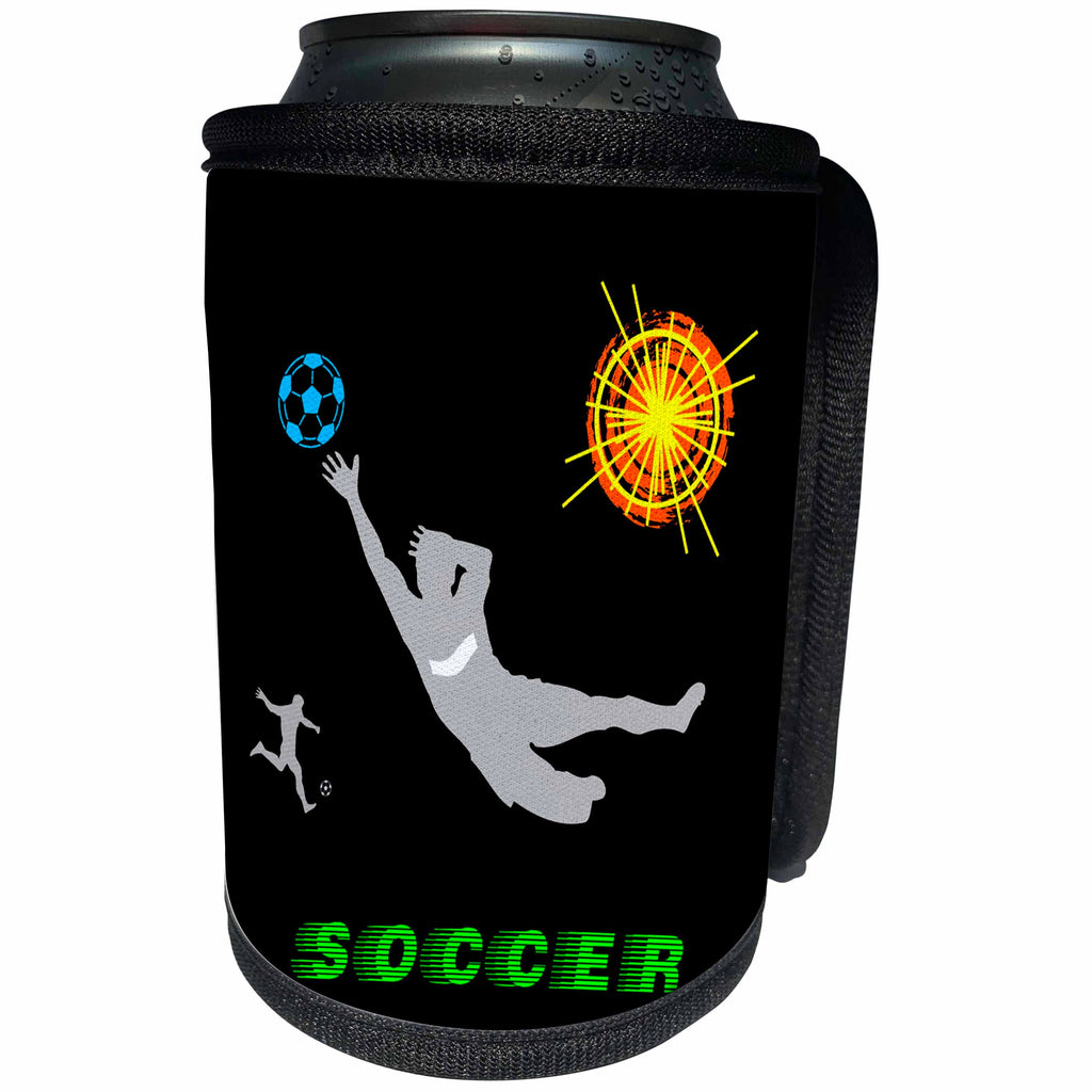 3dRose Alexis Design - Sport Soccer - Football, soccer. Goalkeeper, blue ball. Sign SOCCER. Color on black - Can Cooler Bottle Wrap (cc_281073)