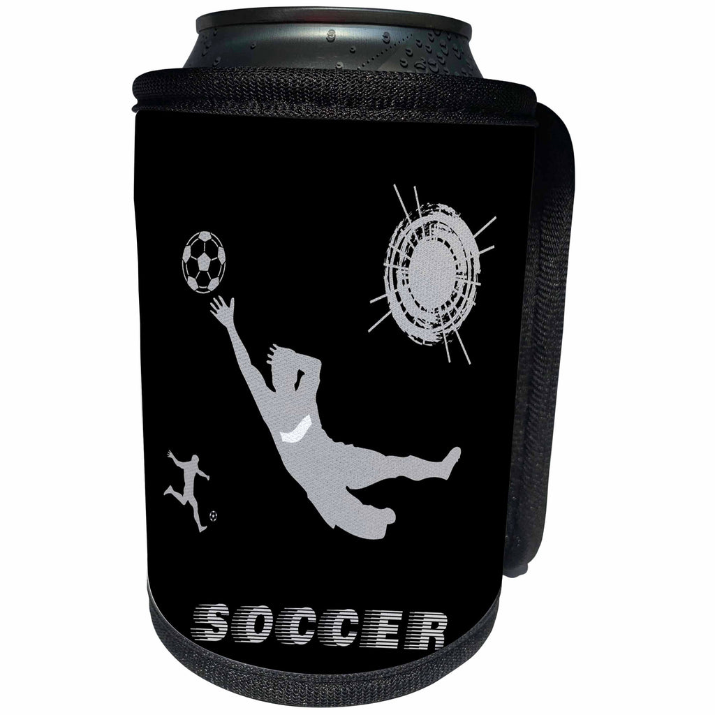 3dRose Alexis Design - Sport Soccer - Football, soccer. Goalkeeper catches ball. Sign SOCCER. Grey on black - Can Cooler Bottle Wrap (cc_281081)