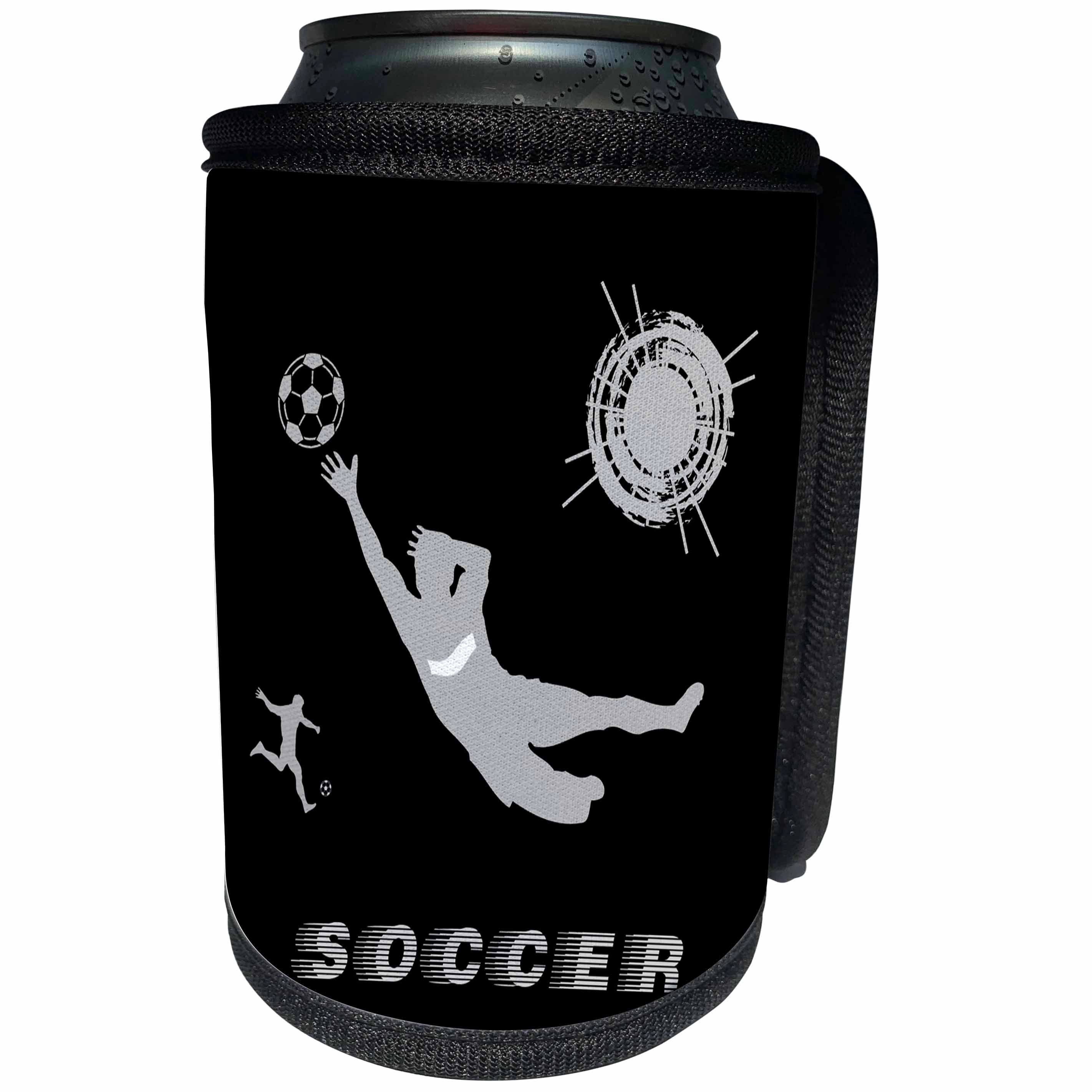 3dRose Alexis Design - Sport Soccer - Football, soccer. Goalkeeper catches ball. Sign SOCCER. Grey on black - Can Cooler Bottle Wrap (cc_281081)