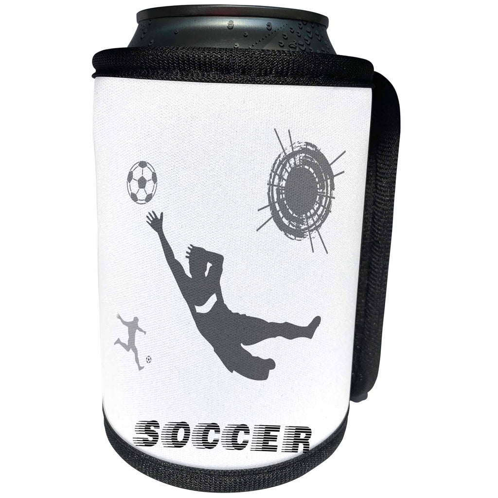 3dRose Alexis Design - Sport Soccer - Football, soccer. Goalkeeper catches ball. Sign SOCCER. Grey on white - Can Cooler Bottle Wrap (cc_281082)