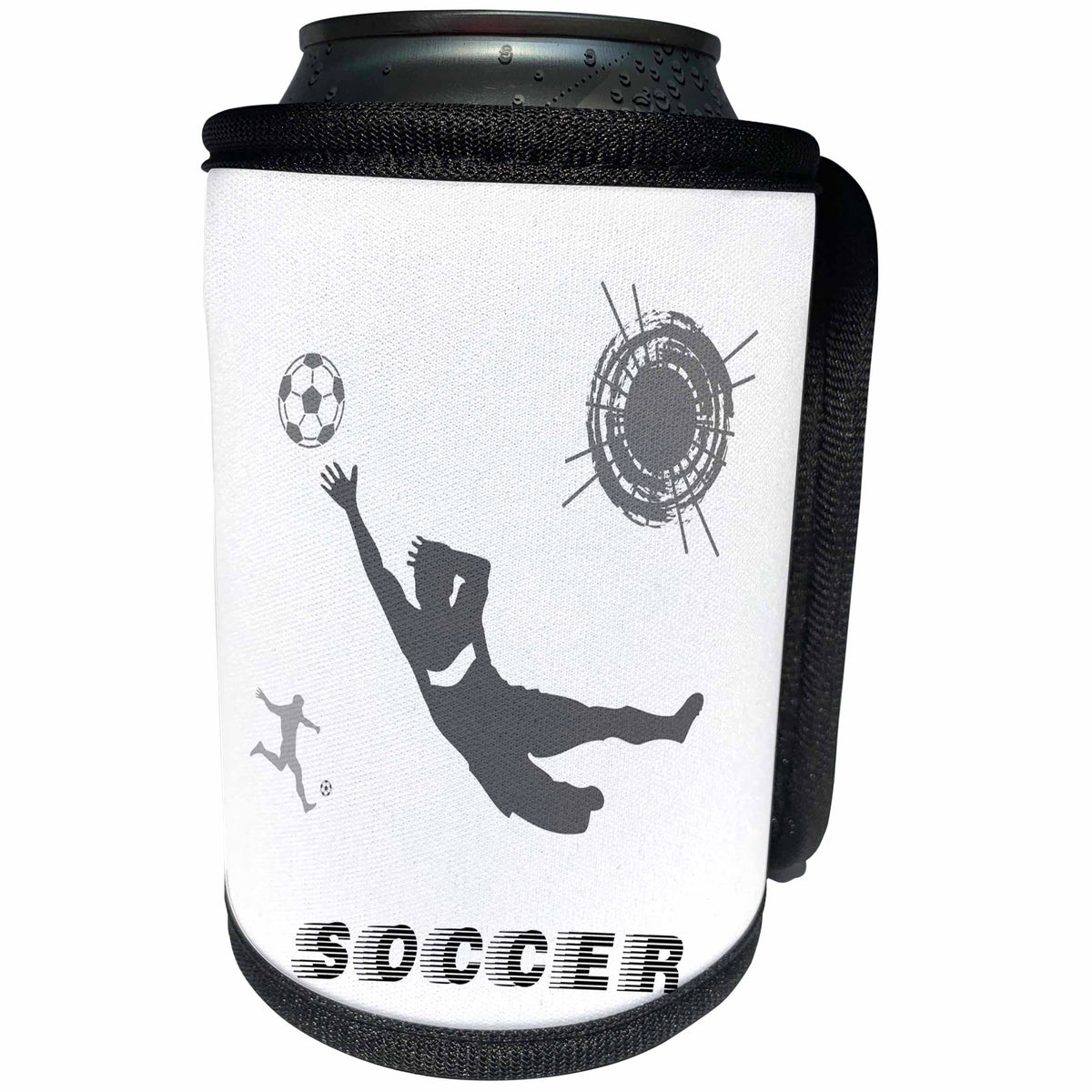 3dRose Alexis Design - Sport Soccer - Football, soccer. Goalkeeper catches ball. Sign SOCCER. Grey on white - Can Cooler Bottle Wrap (cc_281082)