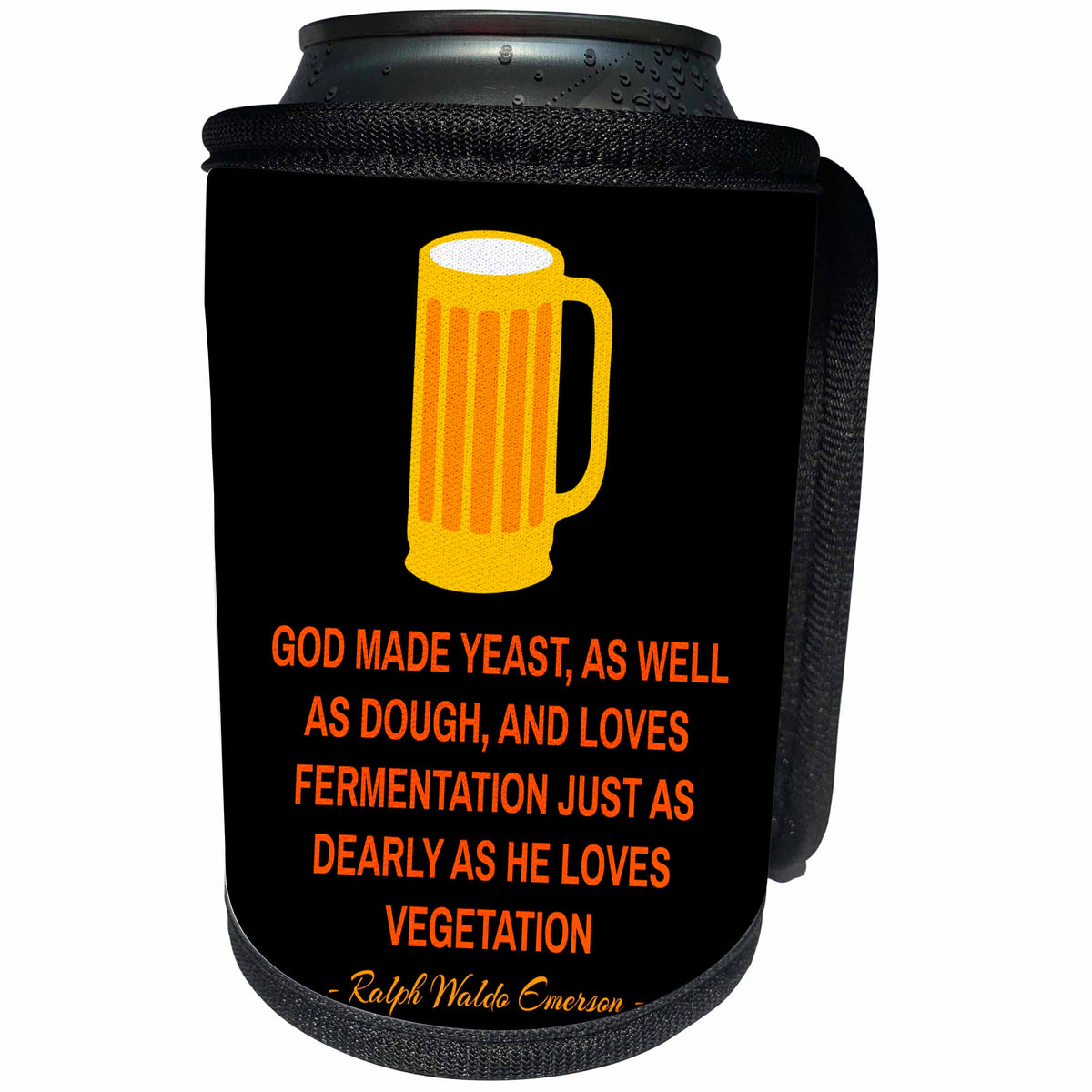 3dRose Alexis Design - Quotes Beer - Ralph Waldo Emerson quote on beer God made yeast on black - Can Cooler Bottle Wrap (cc_281102)