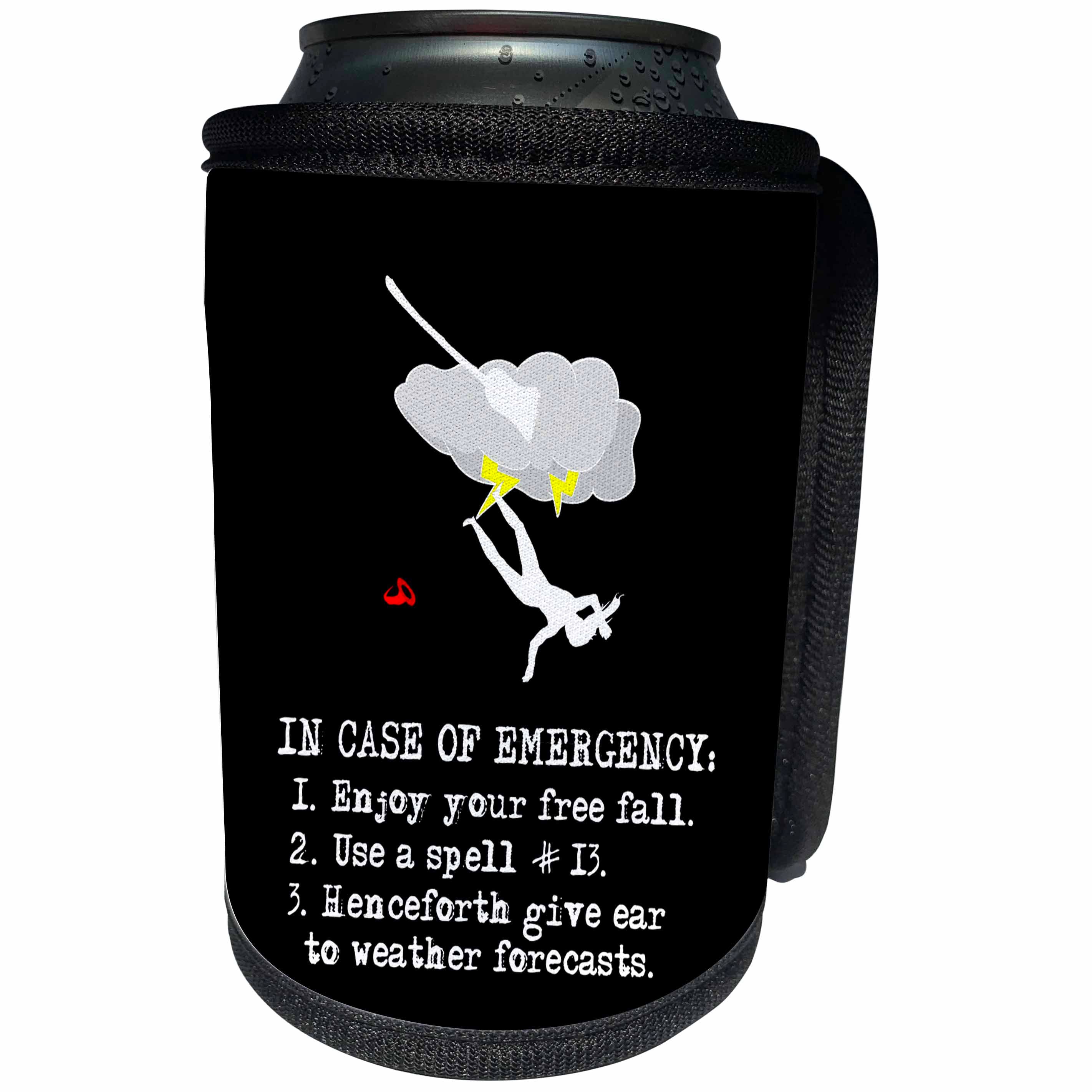 3dRose Alexis Design - Funny Witch - In case of emergency witch flight accident instruction on black - Can Cooler Bottle Wrap (cc_281104)