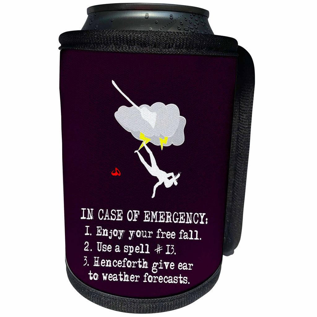 3dRose Alexis Design - Funny Witch - In case of emergency witch flight accident instruction on violet - Can Cooler Bottle Wrap (cc_281105)