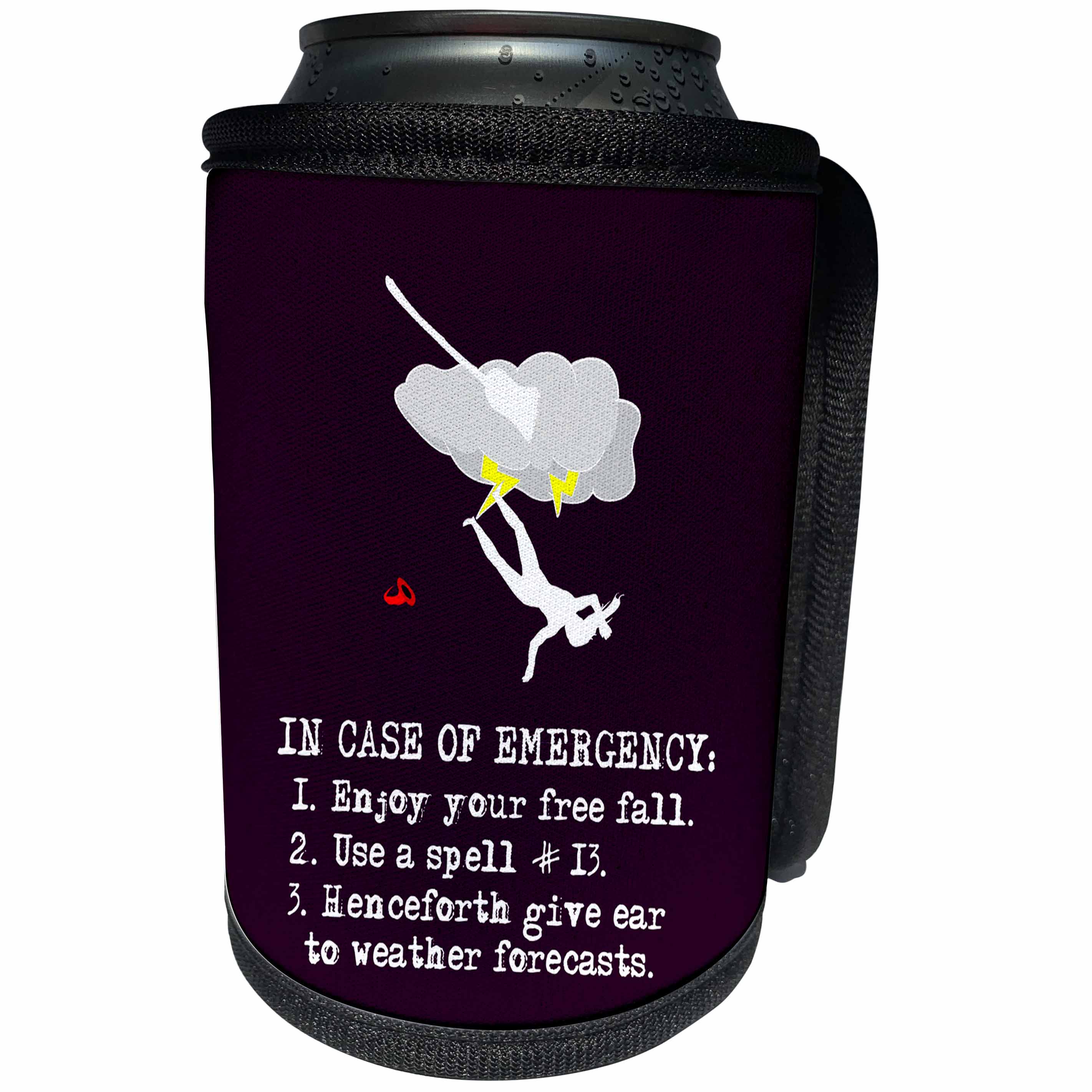 3dRose Alexis Design - Funny Witch - In case of emergency witch flight accident instruction on violet - Can Cooler Bottle Wrap (cc_281105)
