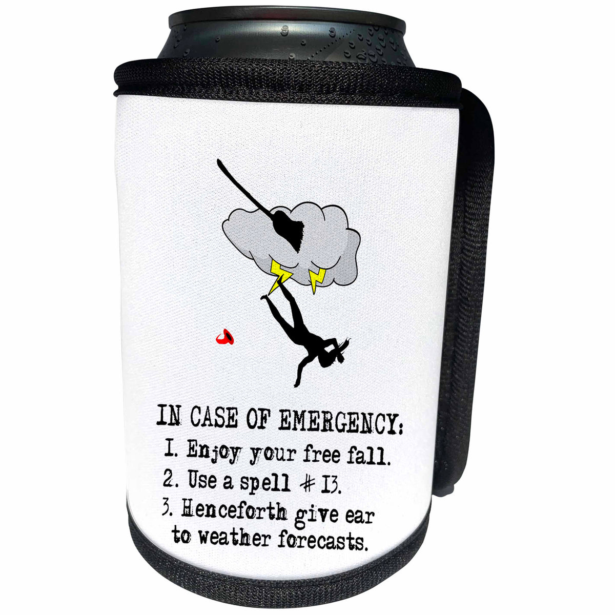 3dRose Alexis Design - Funny Witch - In case of emergency witch flight accident instruction on white - Can Cooler Bottle Wrap (cc_281106)