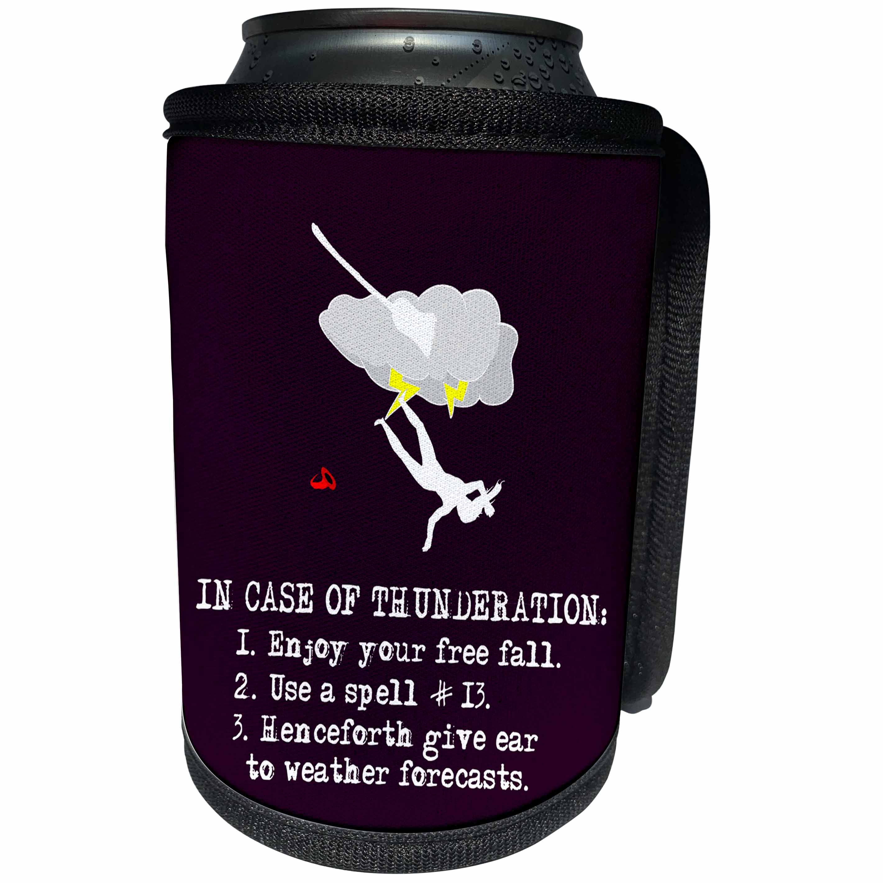 3dRose Alexis Design - Funny Witch - In case of thunderation witch flight accident instruction on violet - Can Cooler Bottle Wrap (cc_281108)