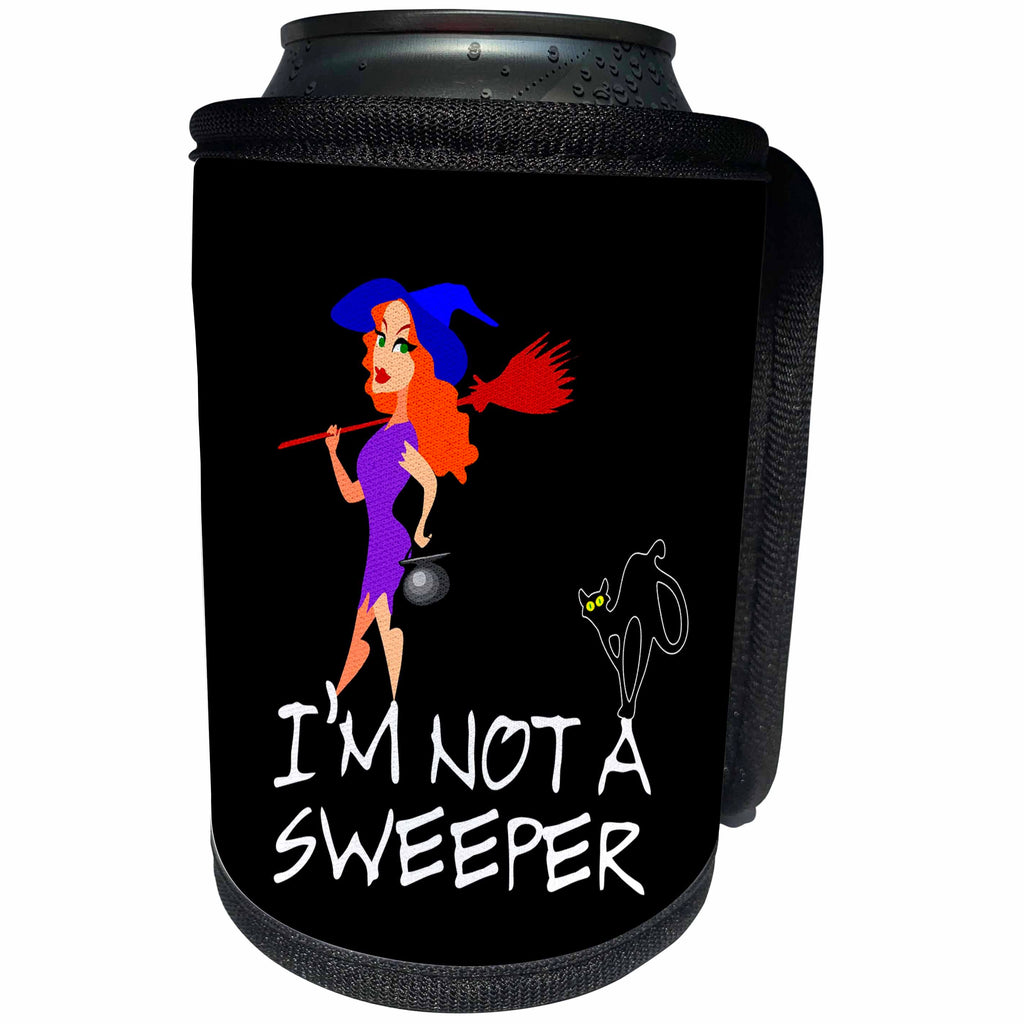 3dRose Alexis Design - Funny Witch - Pretty witch with a broomstick, black cat. I am not a sweeper, black - Can Cooler Bottle Wrap (cc_281110)