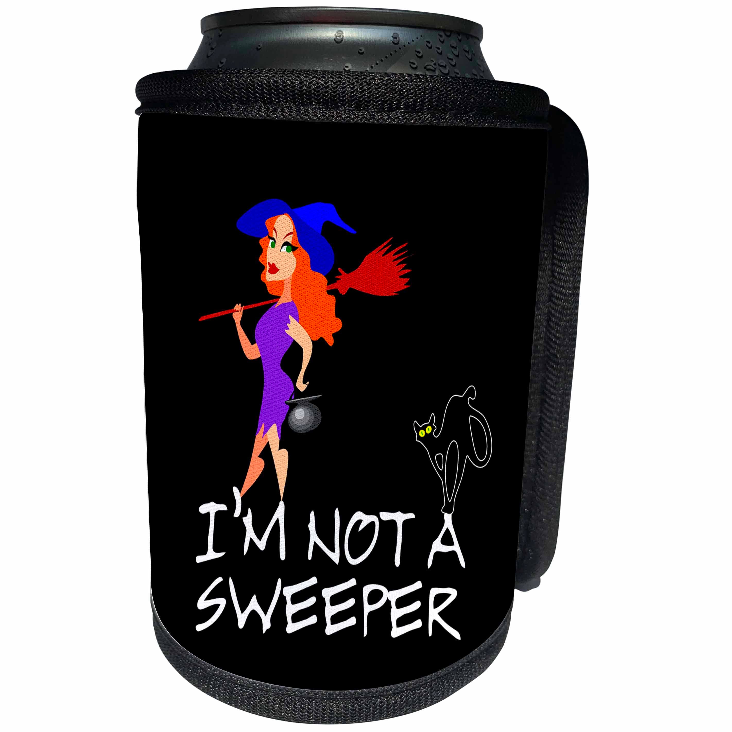3dRose Alexis Design - Funny Witch - Pretty witch with a broomstick, black cat. I am not a sweeper, black - Can Cooler Bottle Wrap (cc_281110)