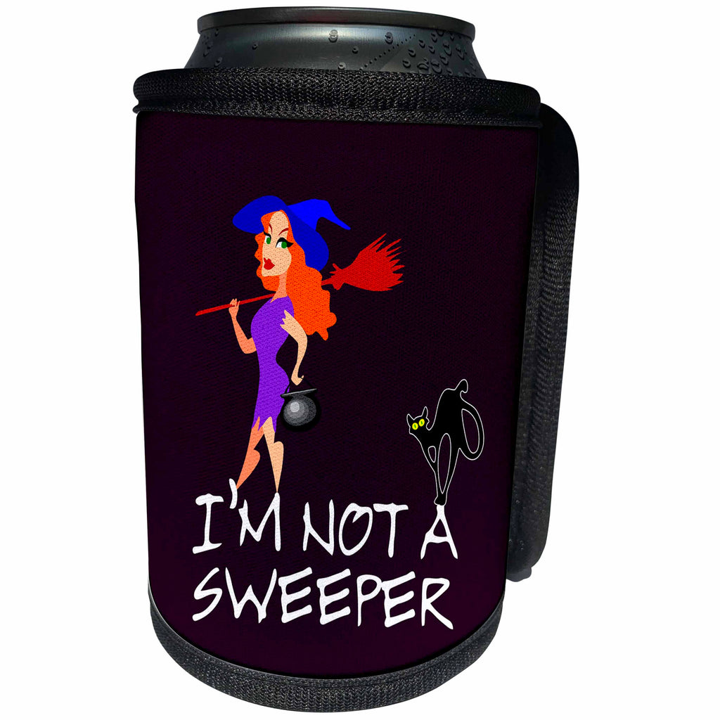 3dRose Alexis Design - Funny Witch - Pretty witch with a broomstick, black cat. I am not a sweeper, violet - Can Cooler Bottle Wrap (cc_281111)