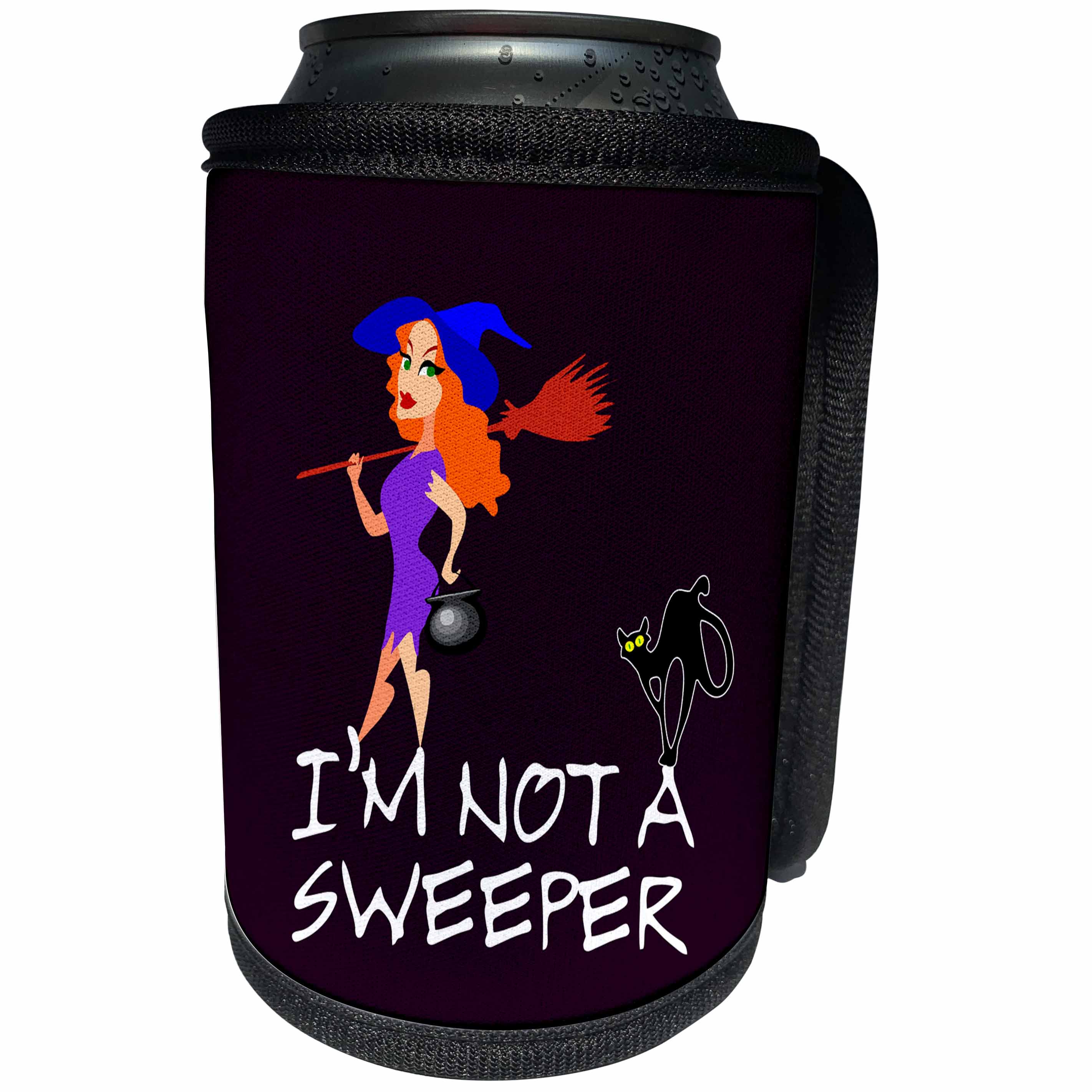 3dRose Alexis Design - Funny Witch - Pretty witch with a broomstick, black cat. I am not a sweeper, violet - Can Cooler Bottle Wrap (cc_281111)