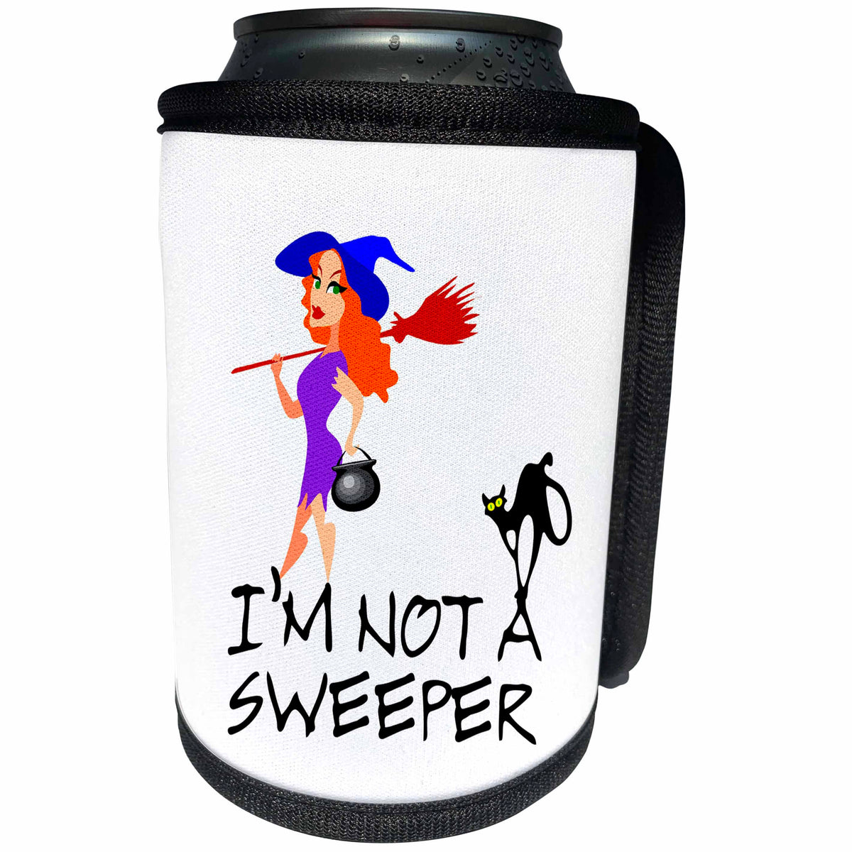 3dRose Alexis Design - Funny Witch - Pretty witch with a broomstick, black cat. I am not a sweeper, white - Can Cooler Bottle Wrap (cc_281112)