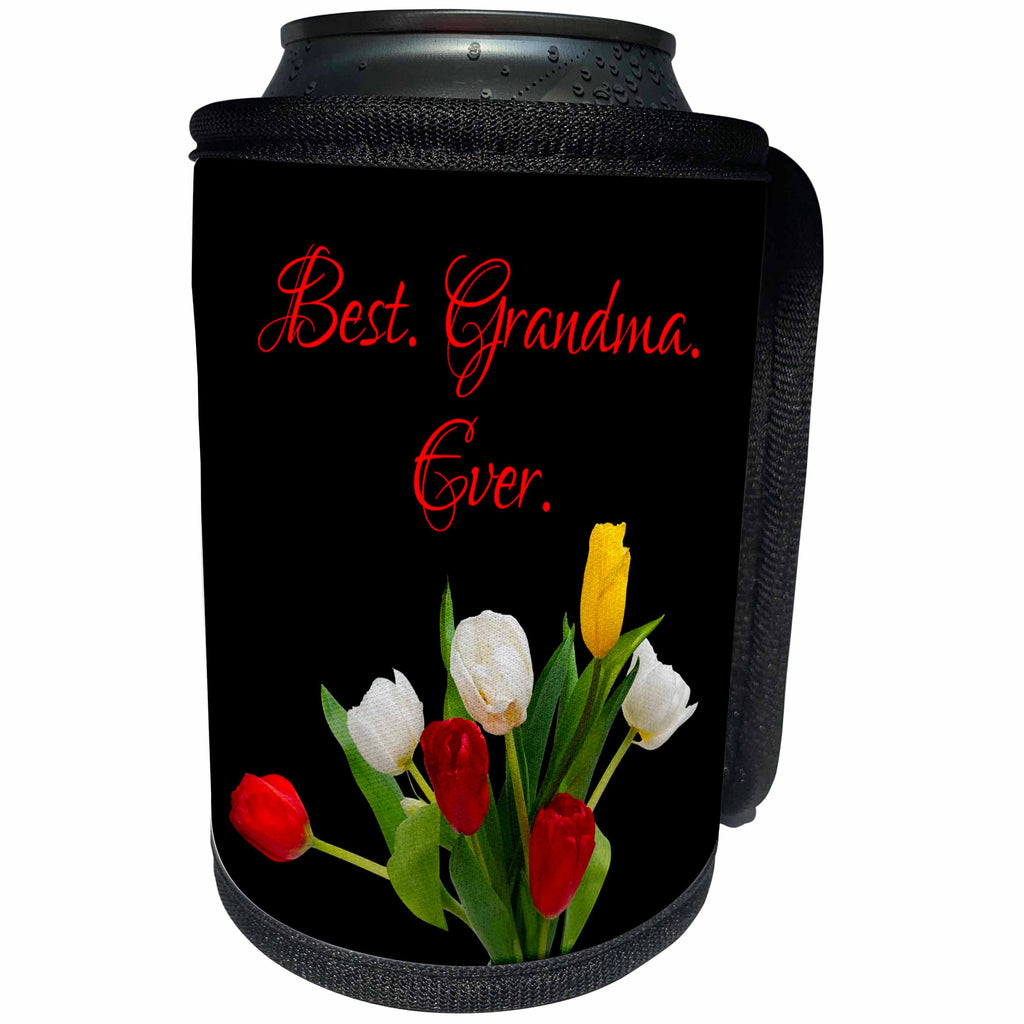 3dRose Alexis Design - Congratulations - Red, white, yellow tulip flowers. Best. Grandma. Ever. On black - Can Cooler Bottle Wrap (cc_281133)