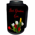 3dRose Alexis Design - Congratulations - Red, white, yellow tulip flowers. Best. Grandma. Ever. On black - Can Cooler Bottle Wrap (cc_281133)