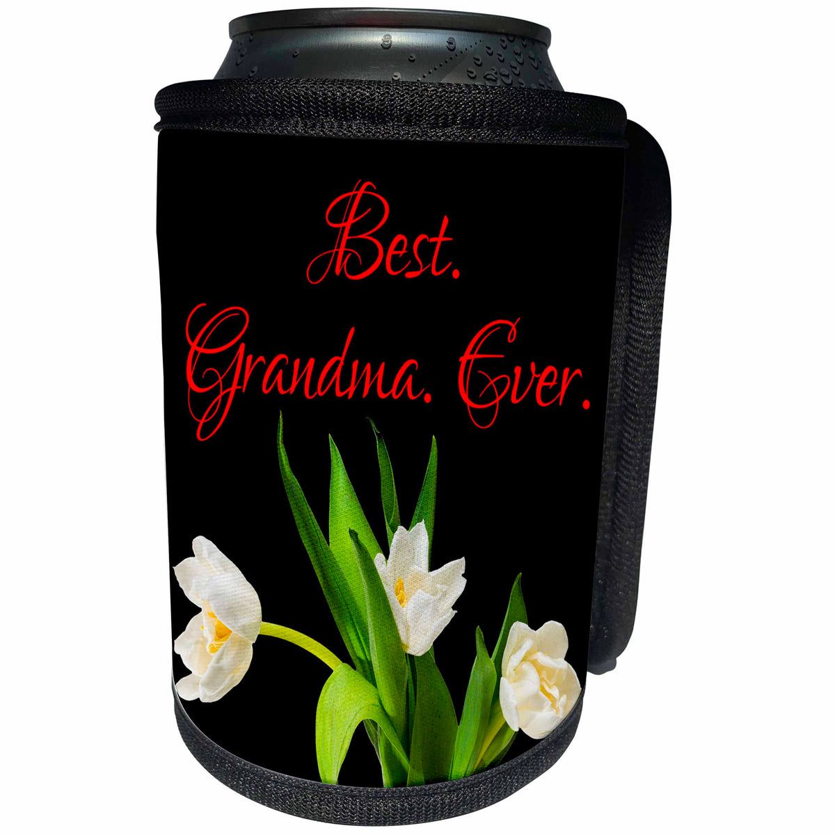 3dRose Alexis Design - Congratulations - Bunch of white tulip flowers. The text Best. Grandma. Ever. On black - Can Cooler Bottle Wrap (cc_281137)