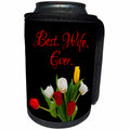 3dRose Alexis Design - Congratulations - Red, white, yellow tulip flowers. Best. Wife. Ever. On black - Can Cooler Bottle Wrap (cc_281151)