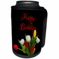 3dRose Alexis Design - Congratulations - Red, white, yellow tulip flowers. Happy Birthday. On black - Can Cooler Bottle Wrap (cc_281157)