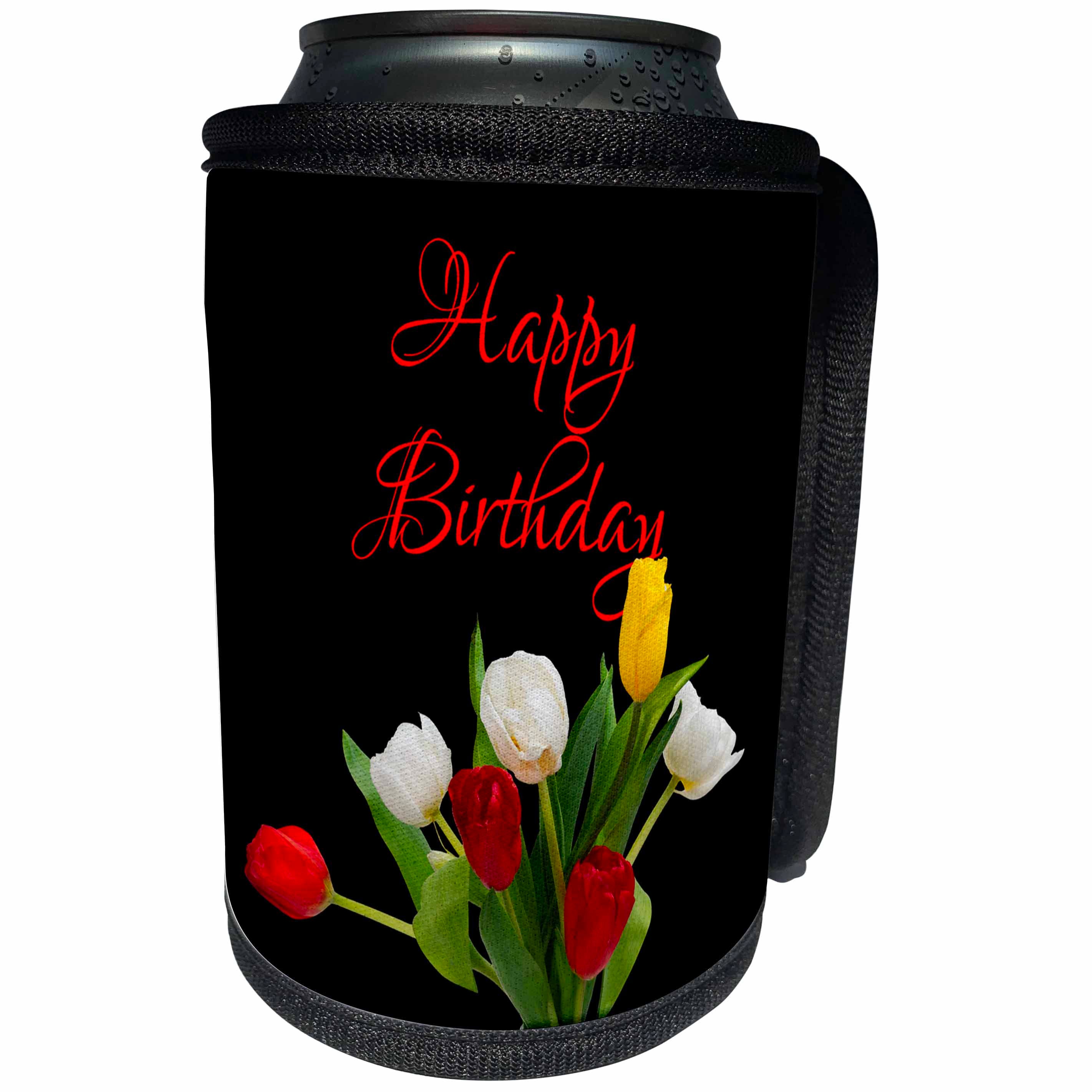 3dRose Alexis Design - Congratulations - Red, white, yellow tulip flowers. Happy Birthday. On black - Can Cooler Bottle Wrap (cc_281157)