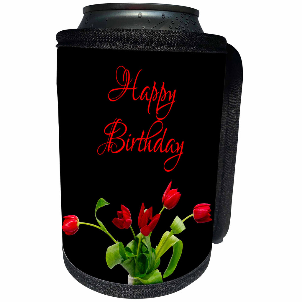 3dRose Alexis Design - Congratulations - Bunch of red tulip flowers. The text Happy Birthday. On black - Can Cooler Bottle Wrap (cc_281159)