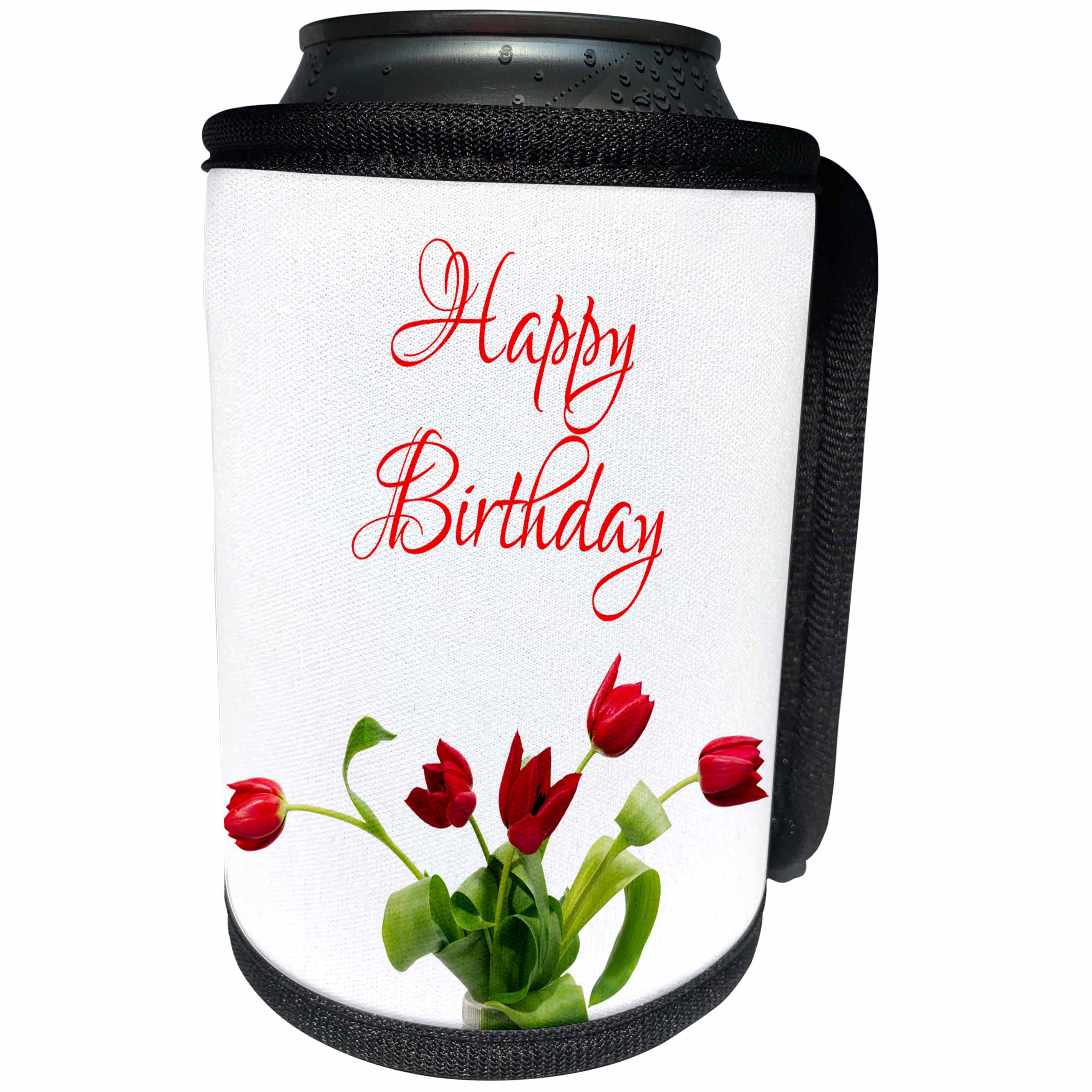 3dRose Alexis Design - Congratulations - Bunch of red tulip flowers. The text Happy Birthday. On white - Can Cooler Bottle Wrap (cc_281160)