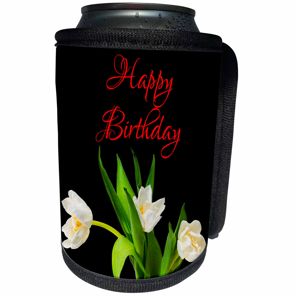 3dRose Alexis Design - Congratulations - Bunch of white tulip flowers. Happy Birthday. On black - Can Cooler Bottle Wrap (cc_281161)