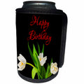 3dRose Alexis Design - Congratulations - Bunch of white tulip flowers. Happy Birthday. On black - Can Cooler Bottle Wrap (cc_281161)