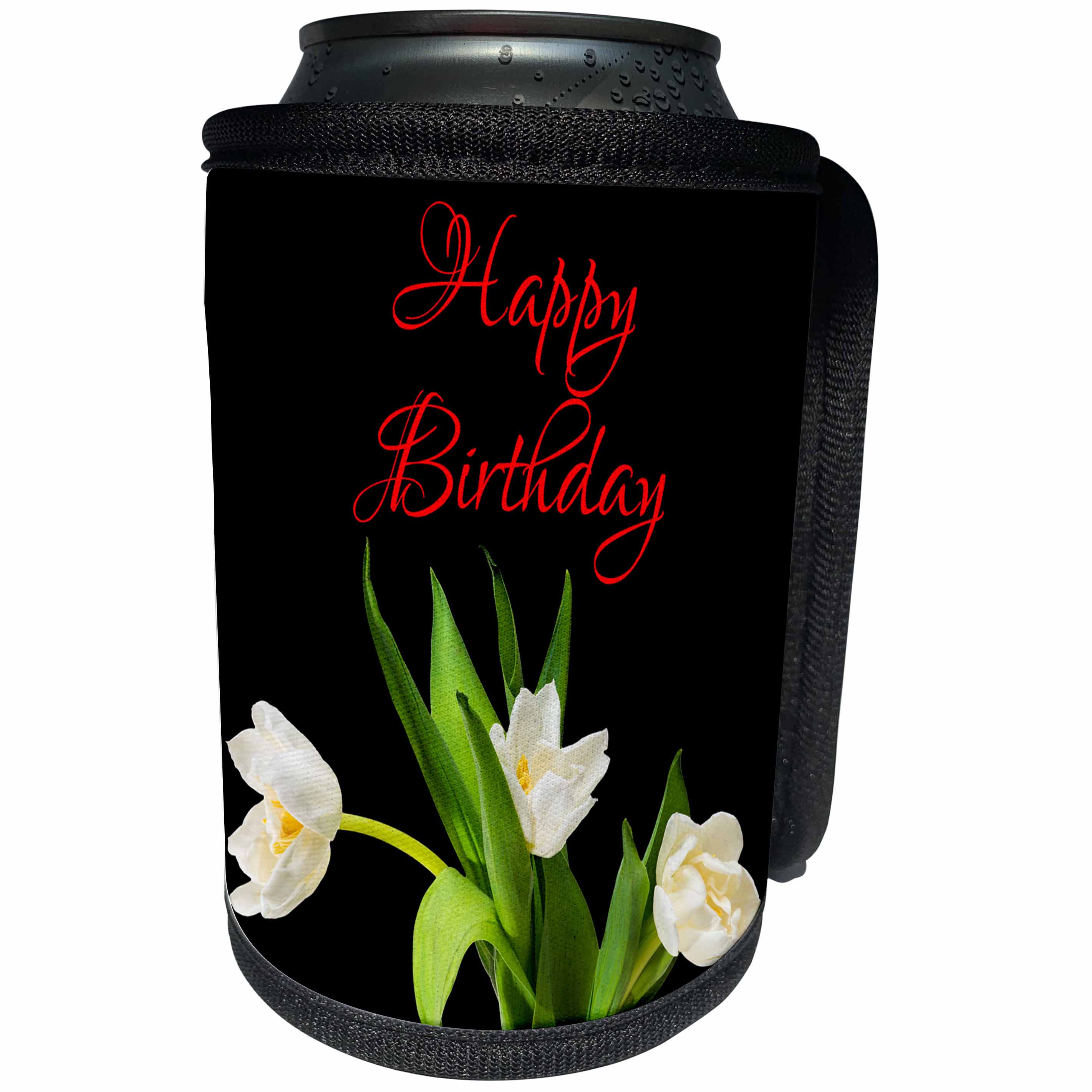 3dRose Alexis Design - Congratulations - Bunch of white tulip flowers. Happy Birthday. On black - Can Cooler Bottle Wrap (cc_281161)