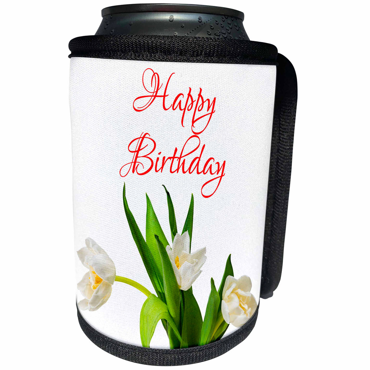 3dRose Alexis Design - Congratulations - Bunch of white tulip flowers. Happy Birthday. On white - Can Cooler Bottle Wrap (cc_281162)