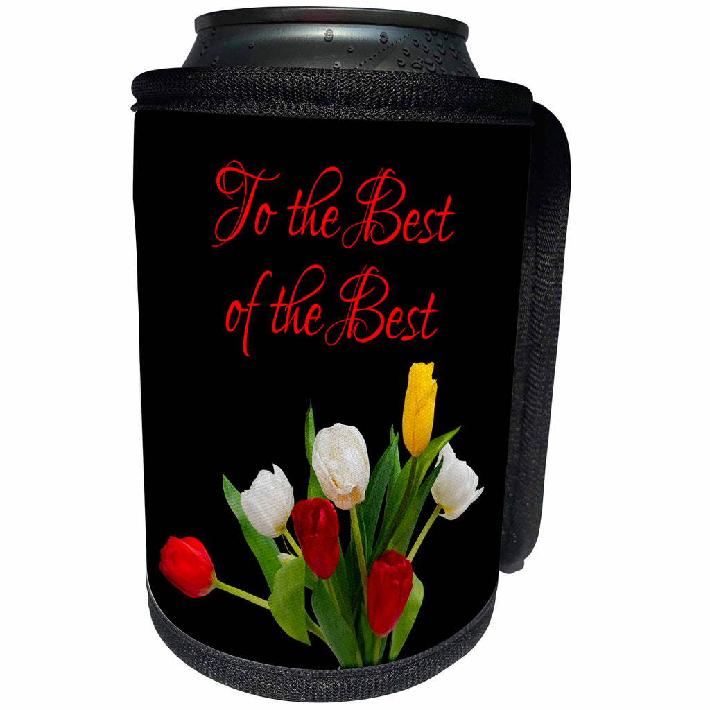 3dRose Alexis Design - Congratulations - Red, white, yellow tulip flowers. To the best of the best. On black - Can Cooler Bottle Wrap (cc_281163)