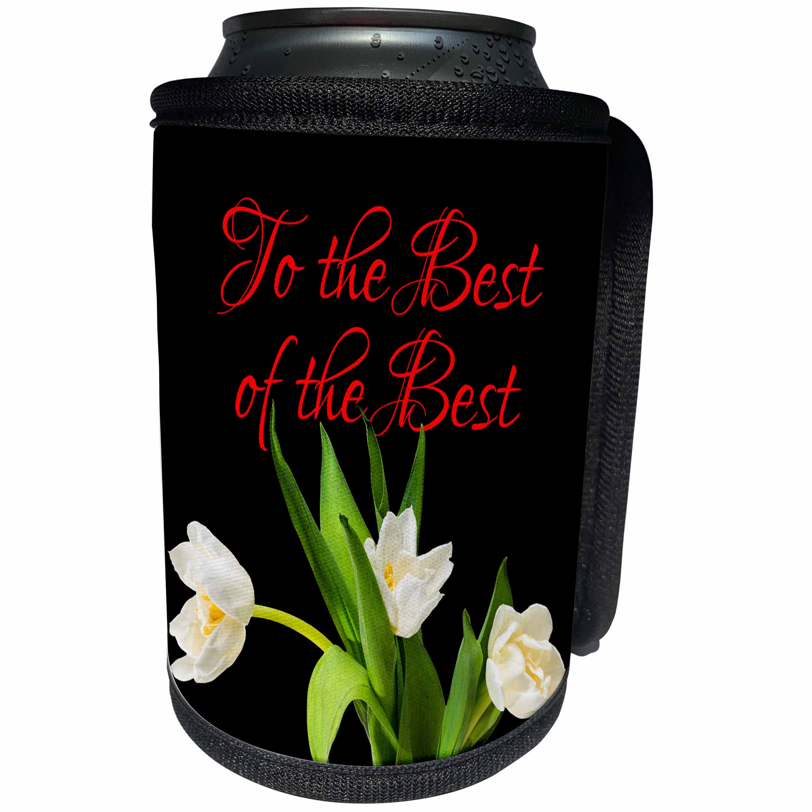 3dRose Alexis Design - Congratulations - Bunch of white tulip flowers. To the best of the best. On black - Can Cooler Bottle Wrap (cc_281167)