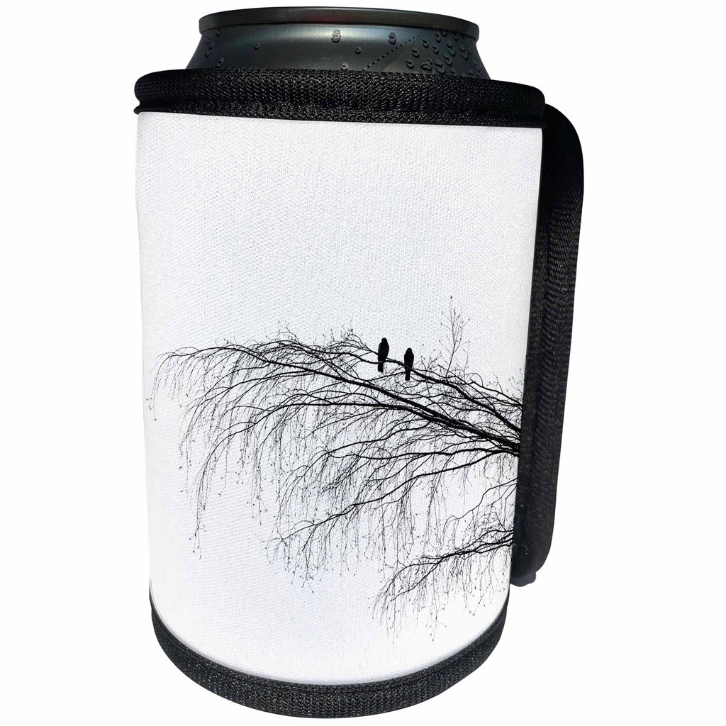 3dRose Alexis Photography - Birds - Two pigeons on a birch tree branch. Black and white photo silhouette - Can Cooler Bottle Wrap (cc_281183)