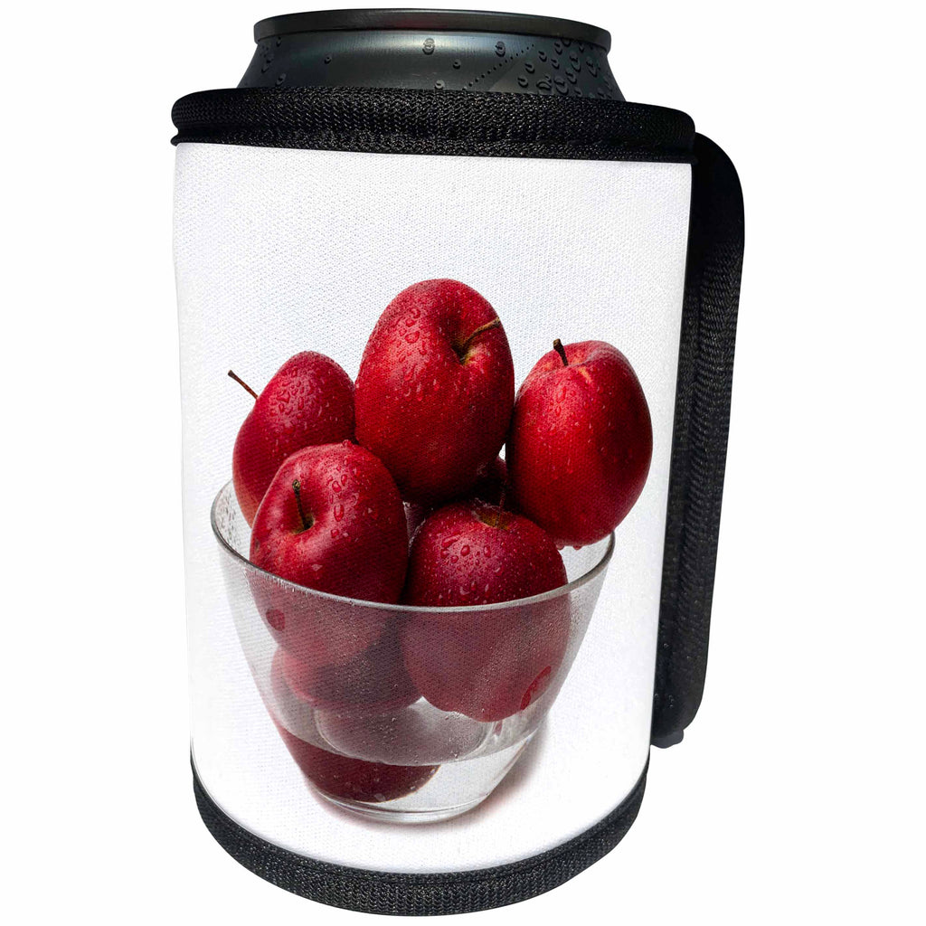 3dRose Alexis Photography - Food Apple - Wet red apple fruits in a glass bowl, white background - Can Cooler Bottle Wrap (cc_281188)