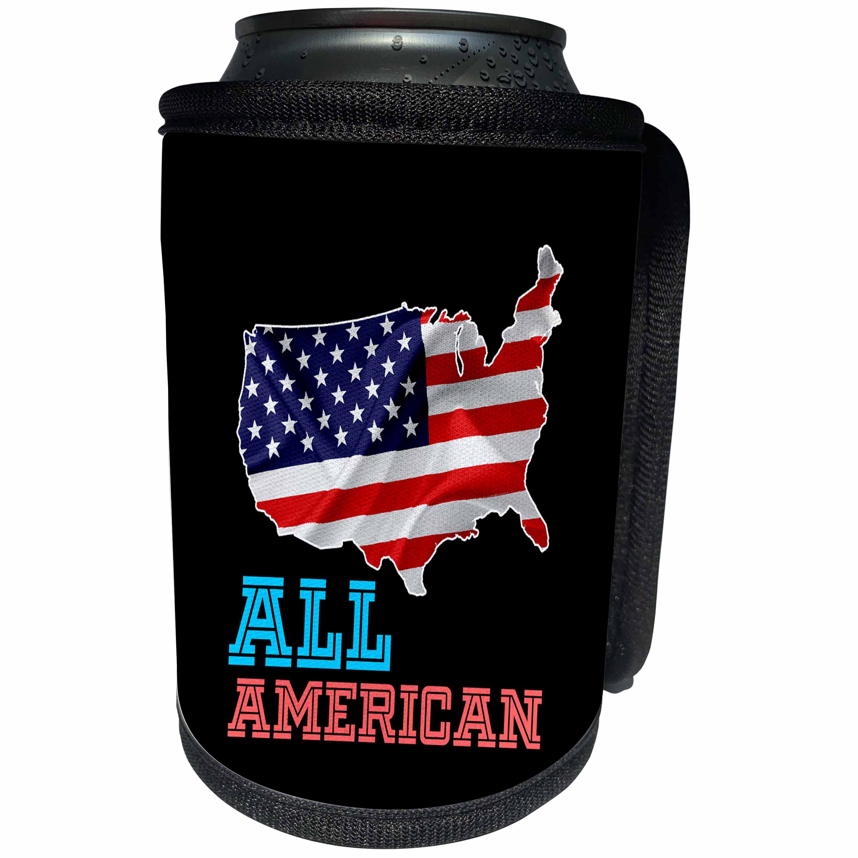 3dRose Alexis Design - America - American USA map, flag and a text All American on black background - Can Cooler Bottle Wrap (cc_281215)