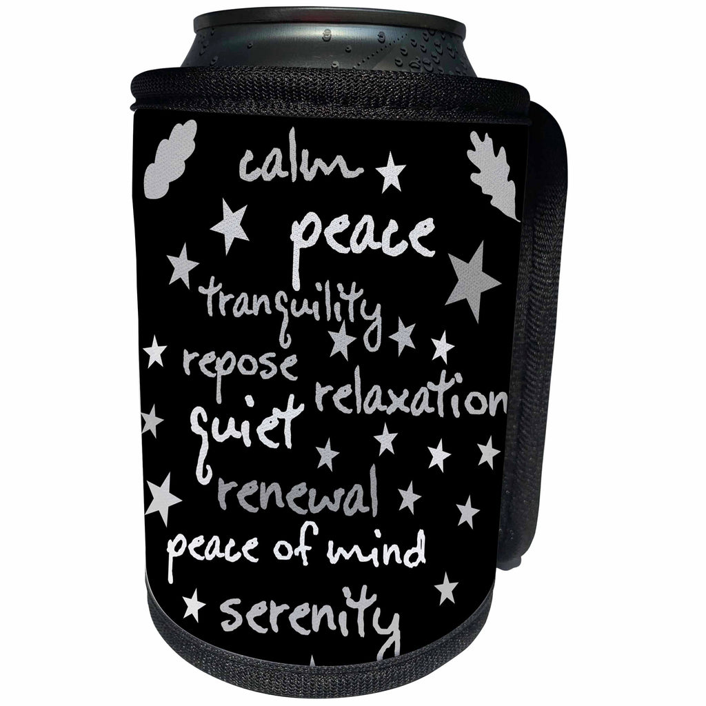 3dRose Alexis Design - Typography - Positive words of peace, calm and tranquility, grey on black - Can Cooler Bottle Wrap (cc_281227)