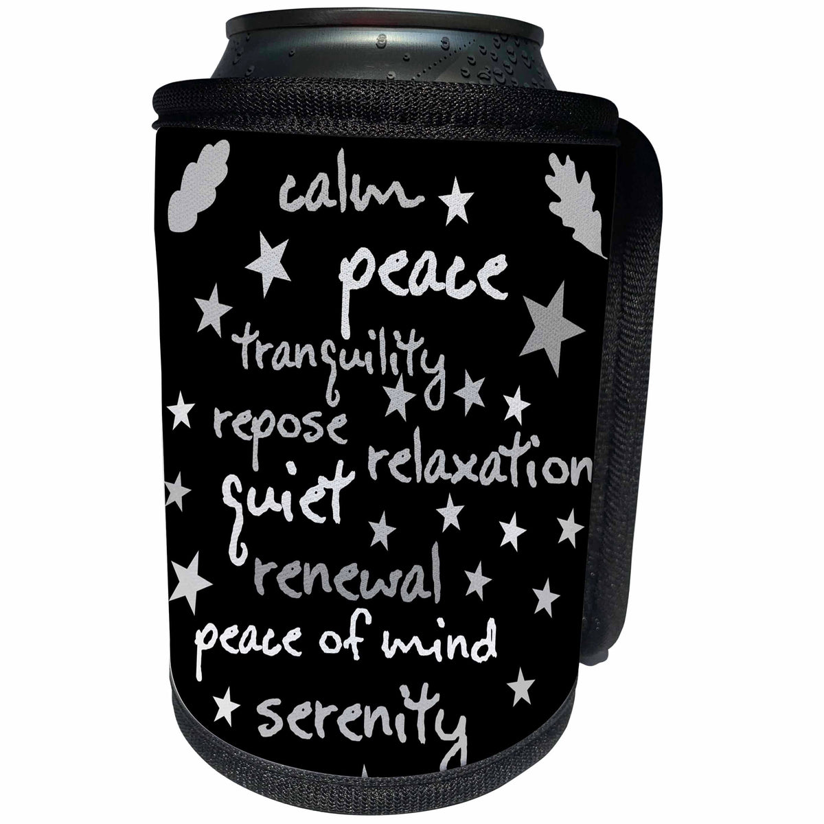 3dRose Alexis Design - Typography - Positive words of peace, calm and tranquility, grey on black - Can Cooler Bottle Wrap (cc_281227)