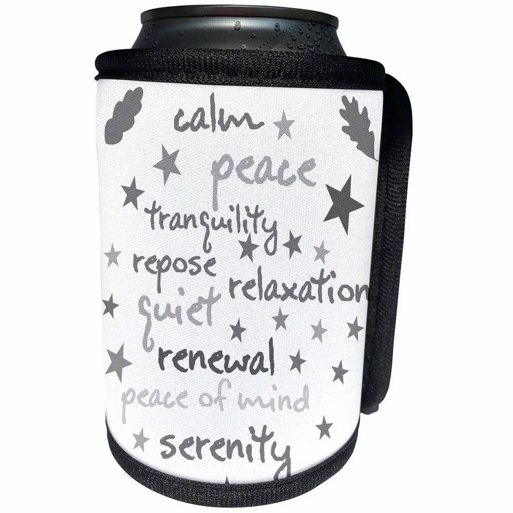3dRose Alexis Design - Typography - Positive words of peace, calm and tranquility, grey on white - Can Cooler Bottle Wrap (cc_281228)