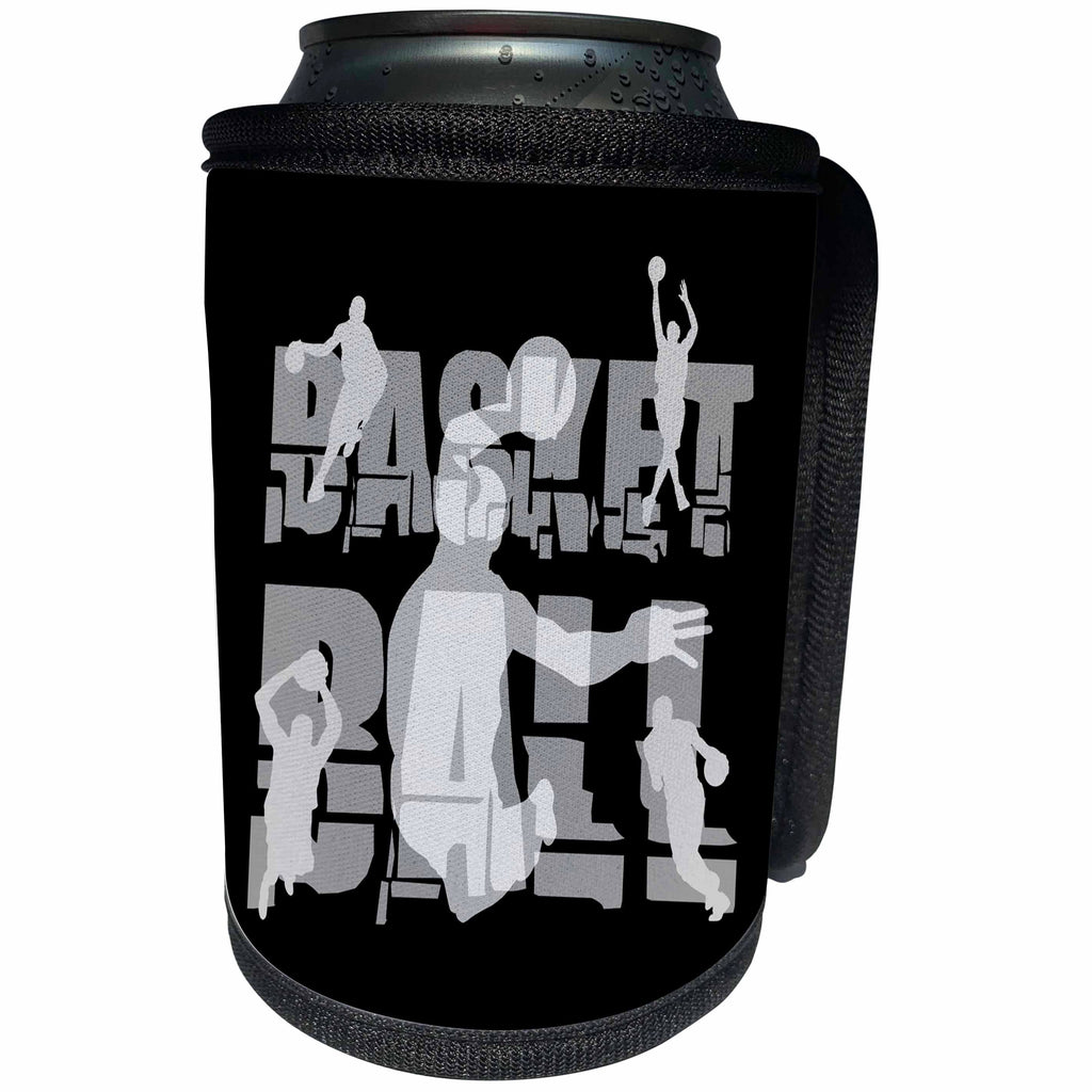 3dRose Alexis Design - Sport Basketball - Basketball. Grey text and silhouette images of players on black - Can Cooler Bottle Wrap (cc_281265)