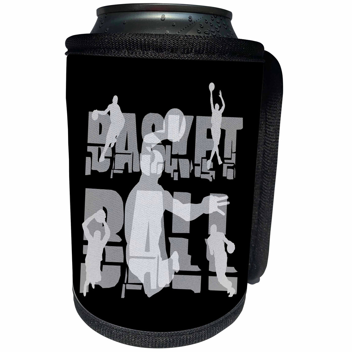 3dRose Alexis Design - Sport Basketball - Basketball. Grey text and silhouette images of players on black - Can Cooler Bottle Wrap (cc_281265)