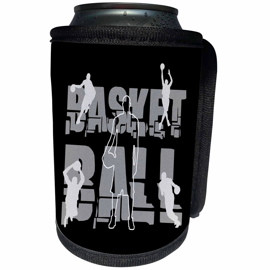 3dRose Alexis Design - Sport Basketball - Basketball. Grey text and images of players on black background - Can Cooler Bottle Wrap (cc_281267)